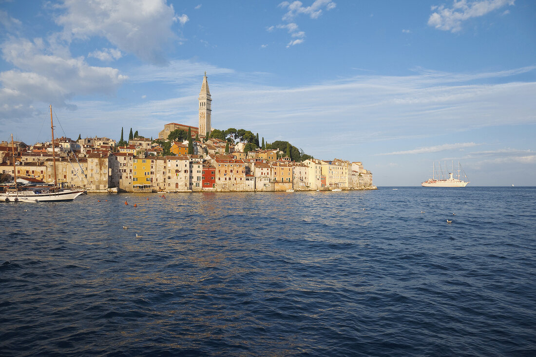 View of old town with ship in Rovinj, Croatia