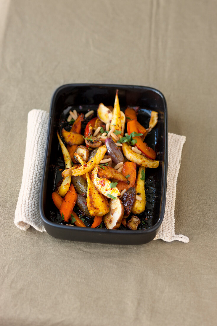Roasted vegetables in baking tray