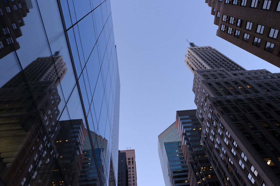 Upward View of skyscrapers at Madison Avenue in New York, USA
