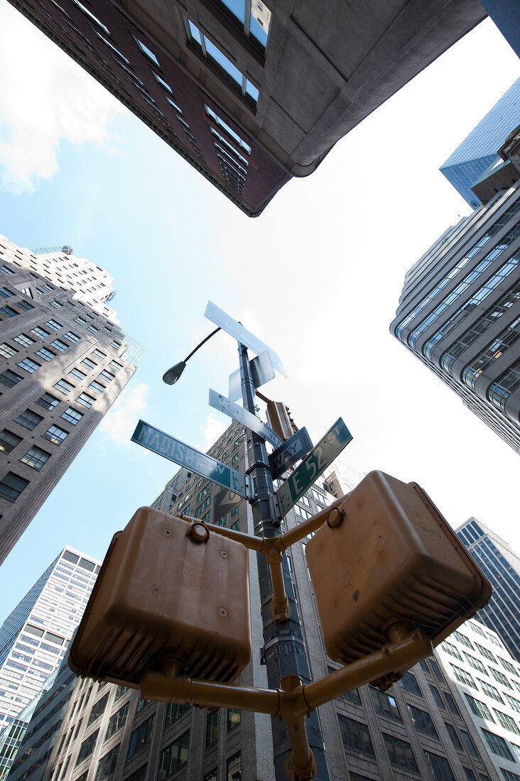 Upward view of skyscrapers and direction pole at Madison Avenue in New York, USA