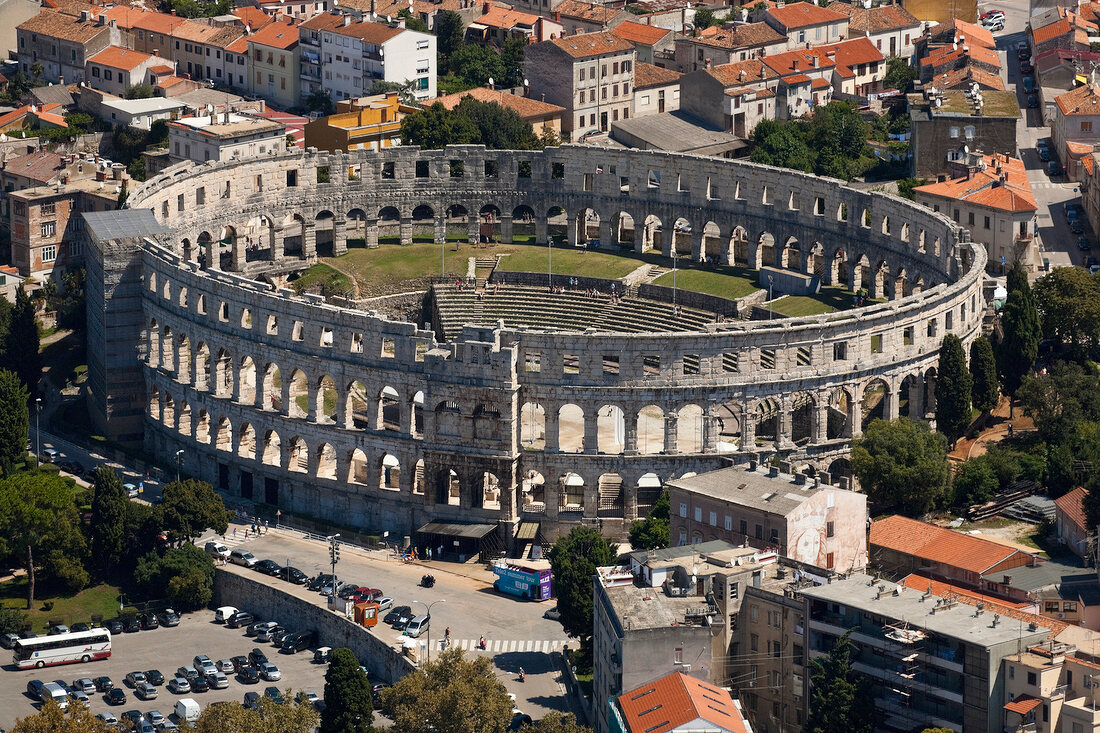 Elevated view of amphitheatre at Old Town in Pula, Croatia