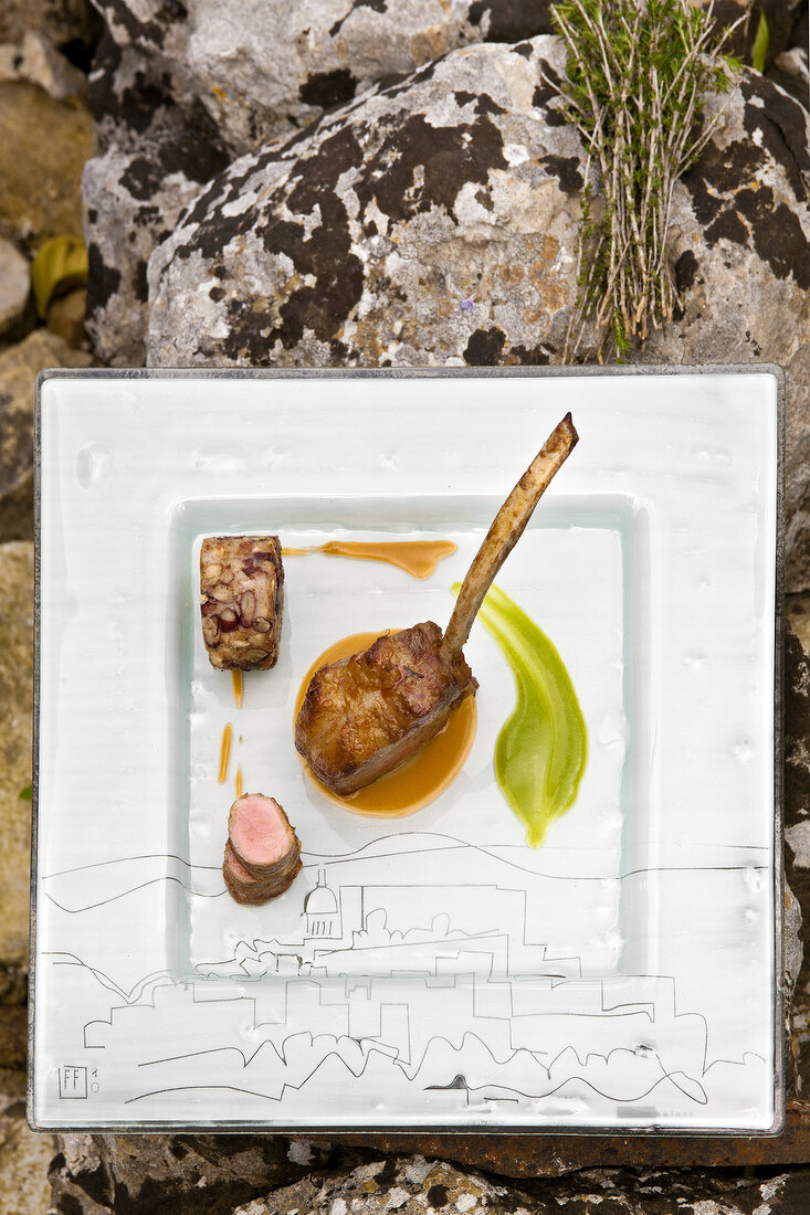 Cooked pig meat with bean puree and herbs on white square plate