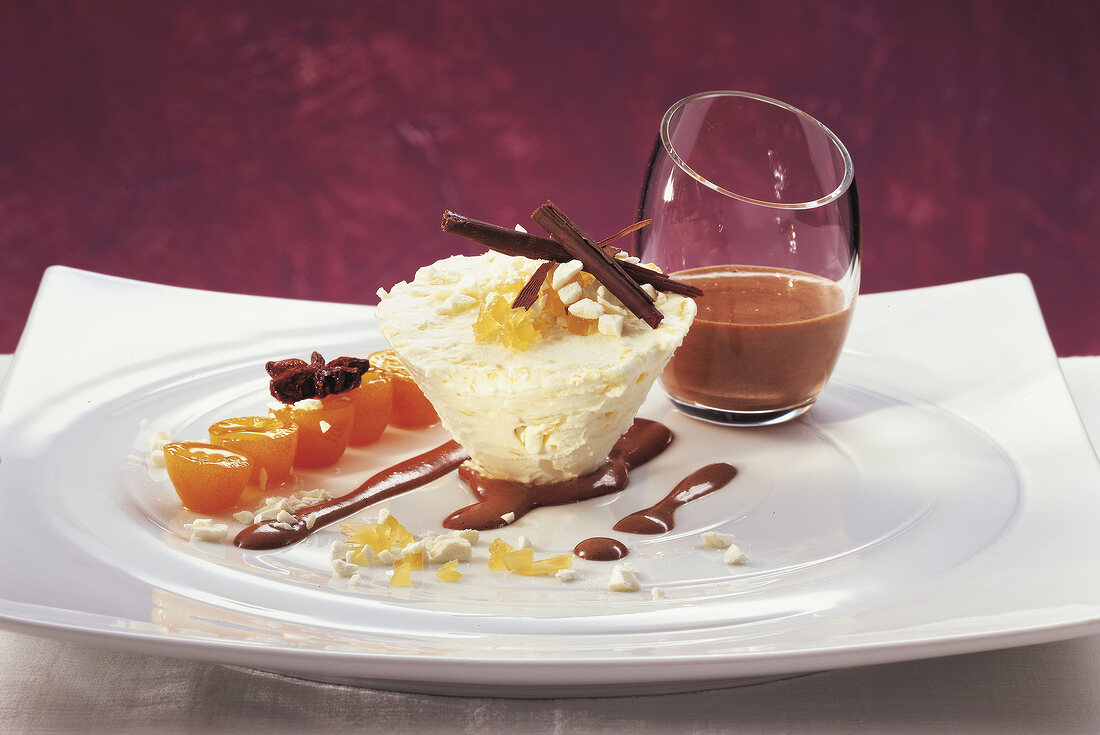 Ginger parfait with chocolate sabayon on plate