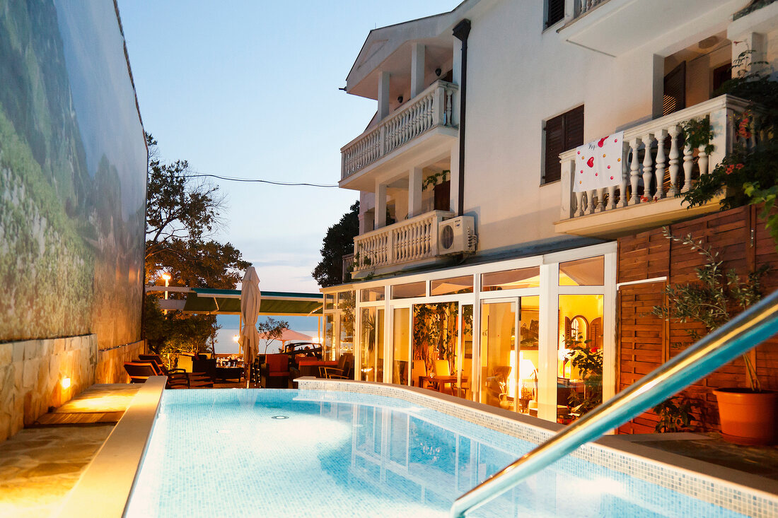 View of swimming pool in Hotel Marco Polo at Makarska Riviera, Croatia