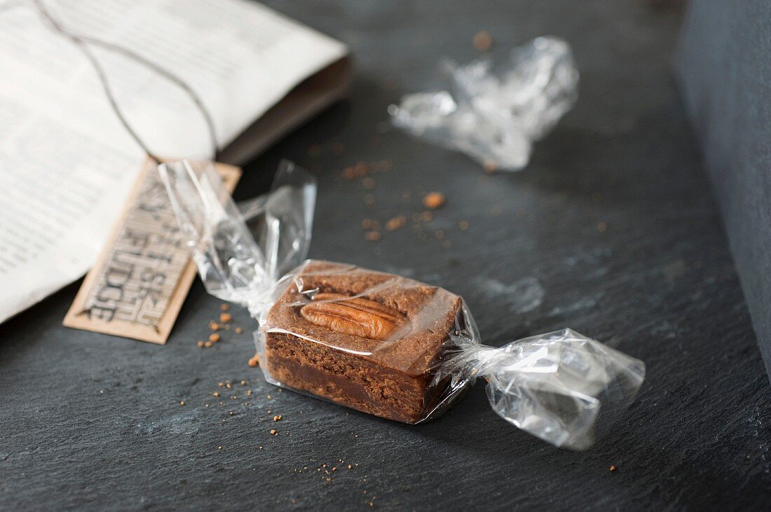 Whiskey fudge wrapped in cellophane as a gift