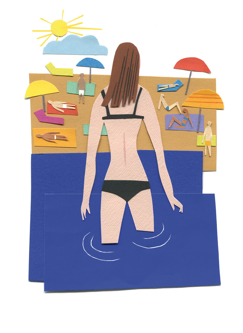 Sommer-Moment, Frau kommt aus dem Meer, Strand, Illustration