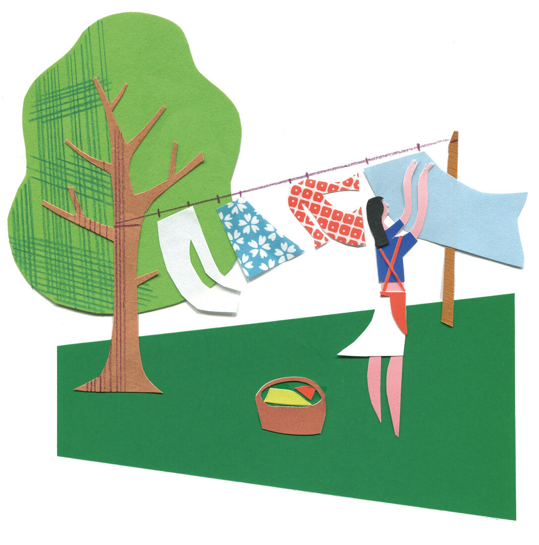 Sommer-Moment, Frau hängt im Garten Wäsche auf, Illustration, Wind