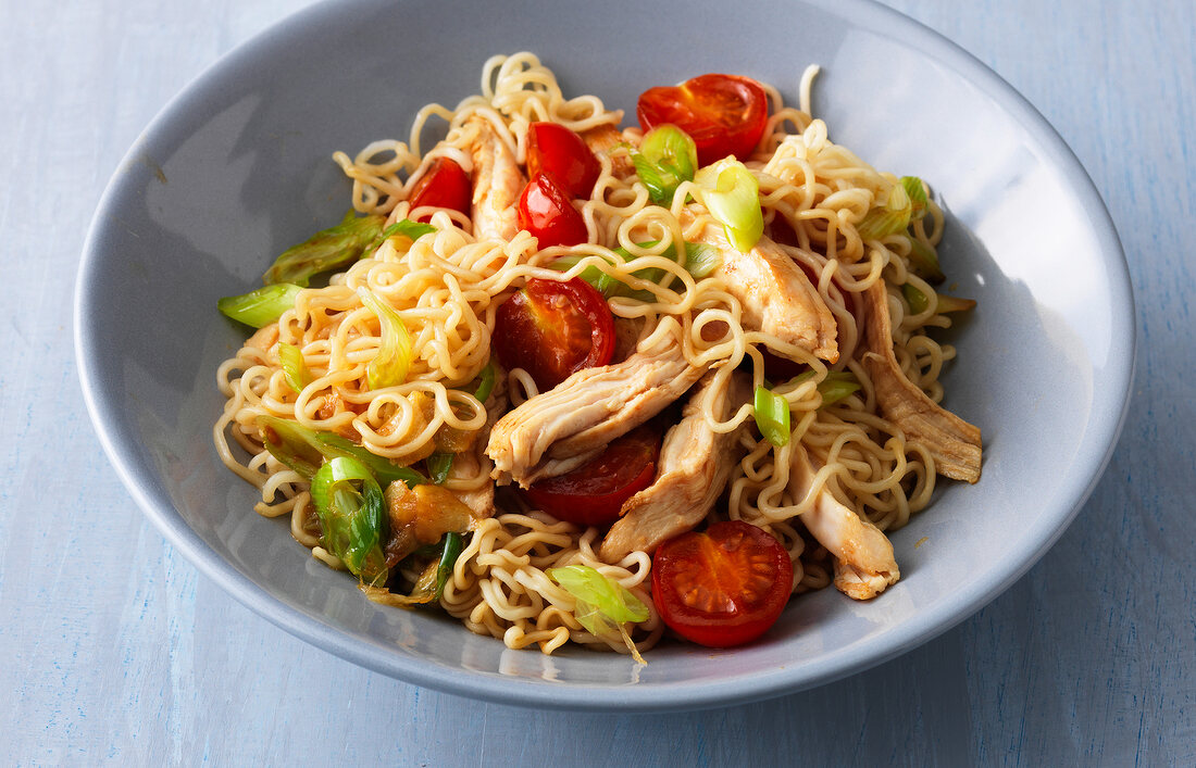 Bowl of noodles with chicken
