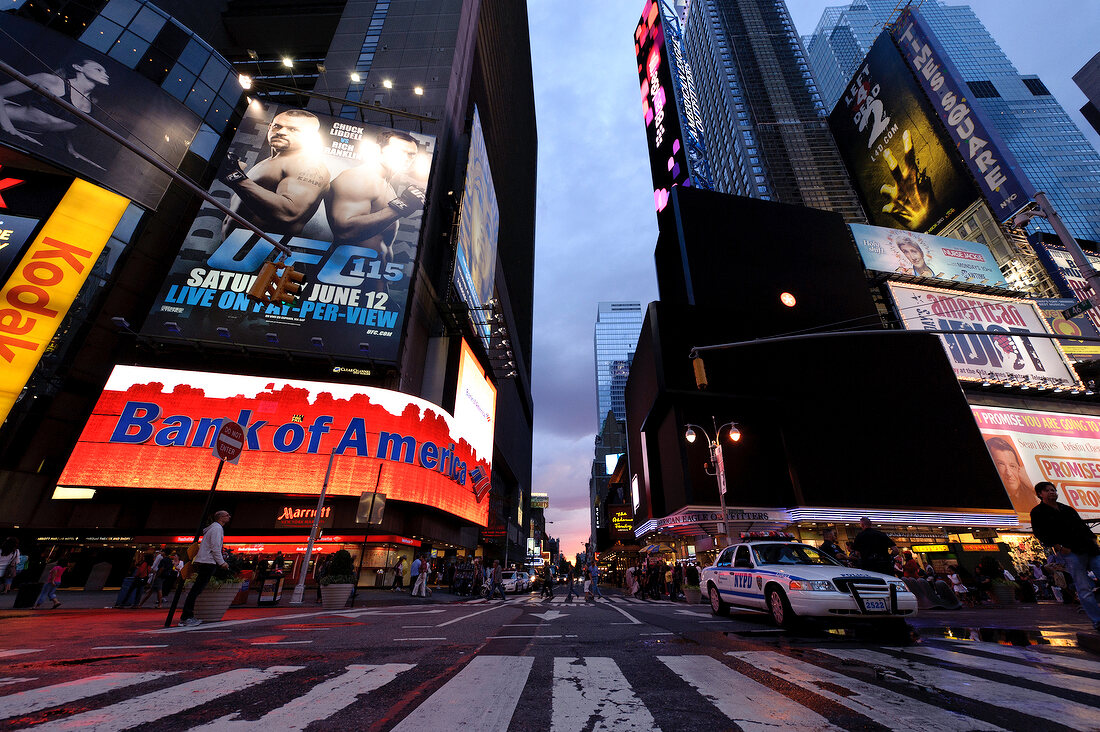 Low angle view of Times Square at night, New York