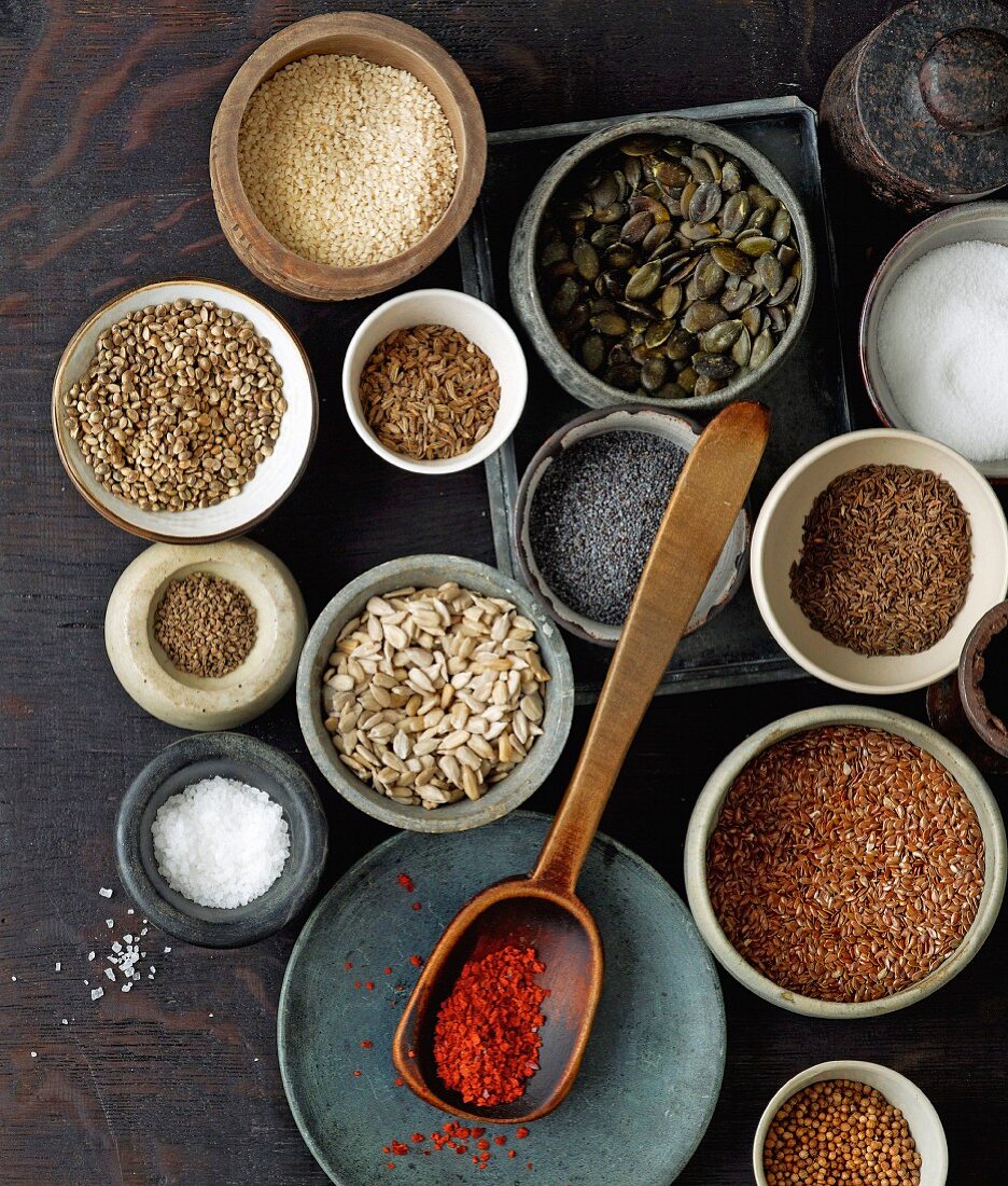 Various seeds and spices for baking bread