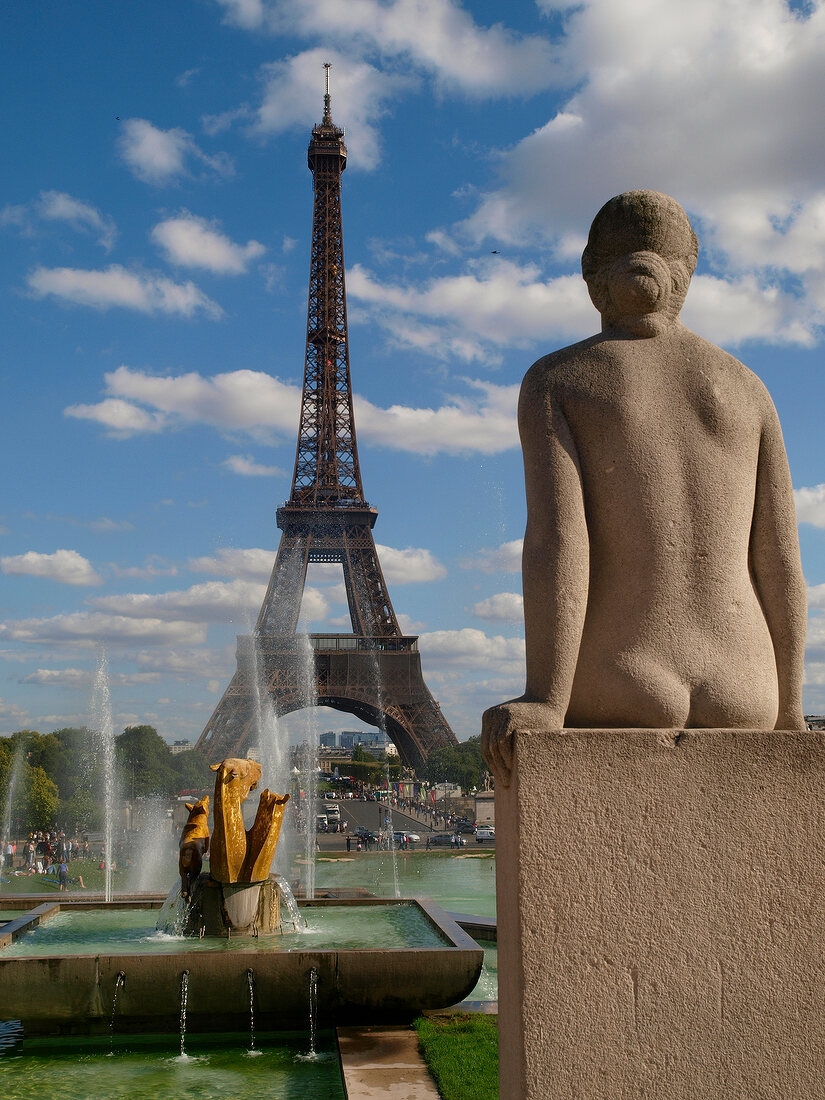 View of Eiffel Tower and sculpture in Paris, France