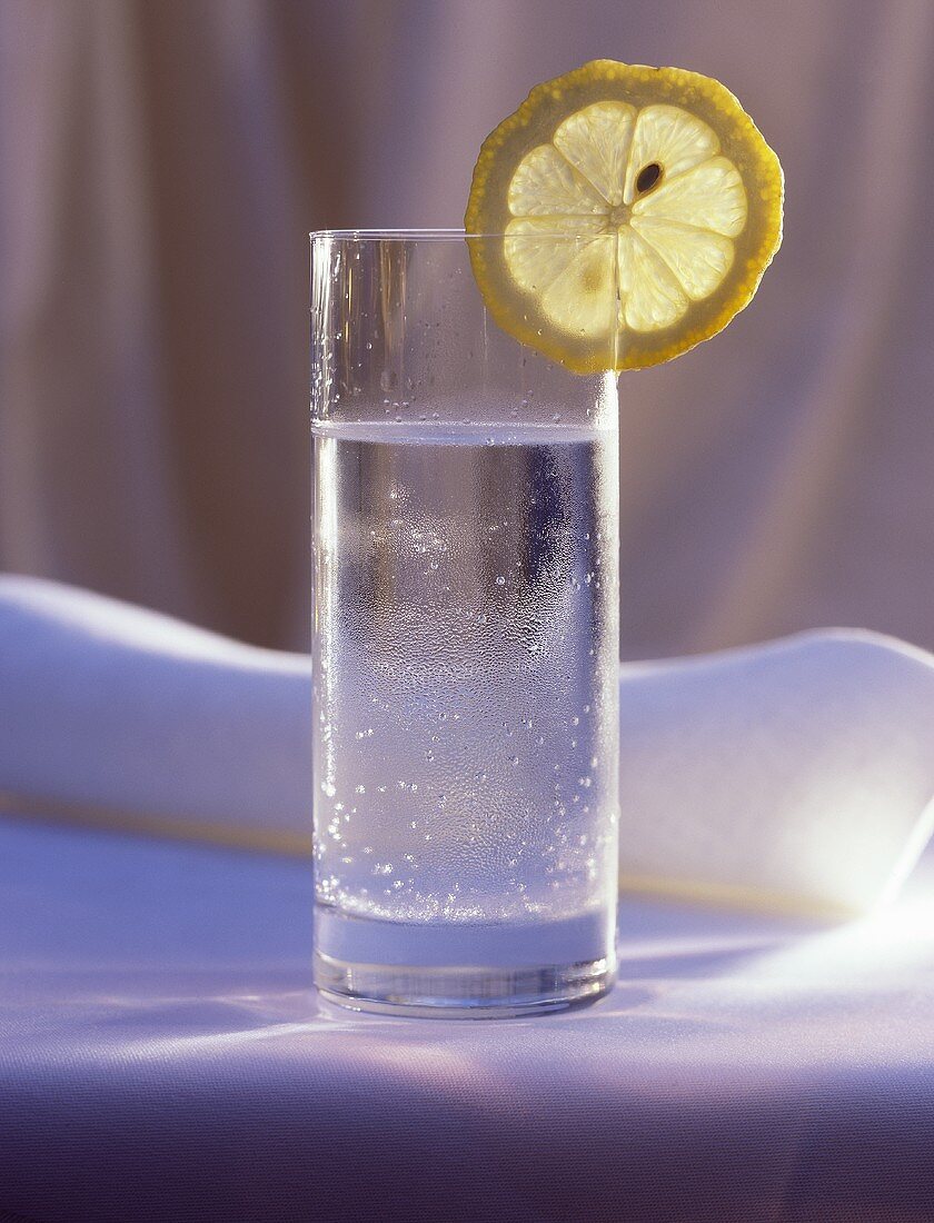 Ein Glas Mineralwasser mit Zitronenscheibe