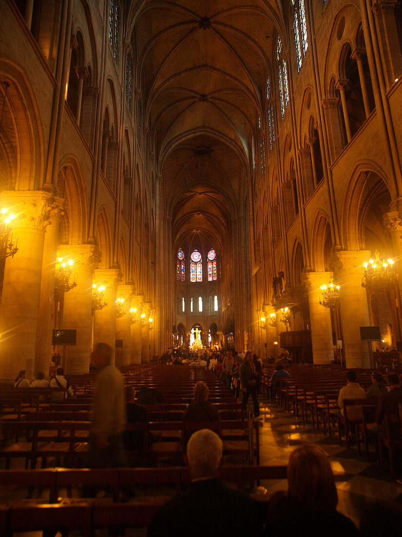 Interior of Notre Dame Cathedral in Paris, France