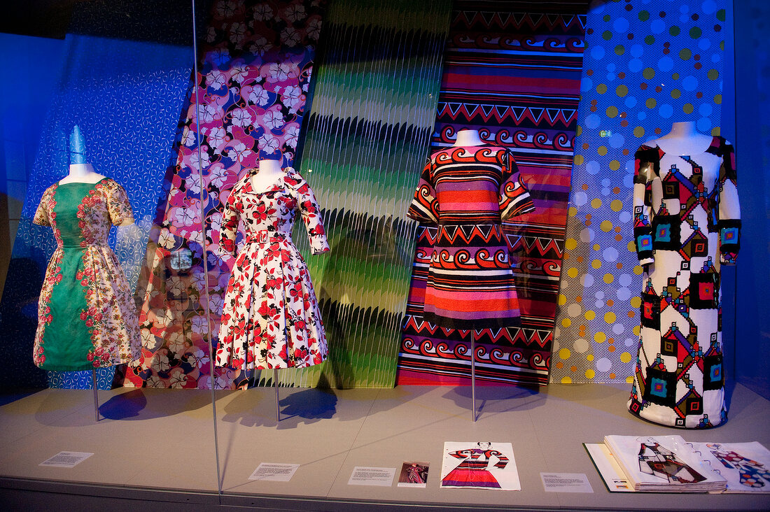 Different pattern dresses displayed on mannequins in textile and Industry Museum, Bavaria