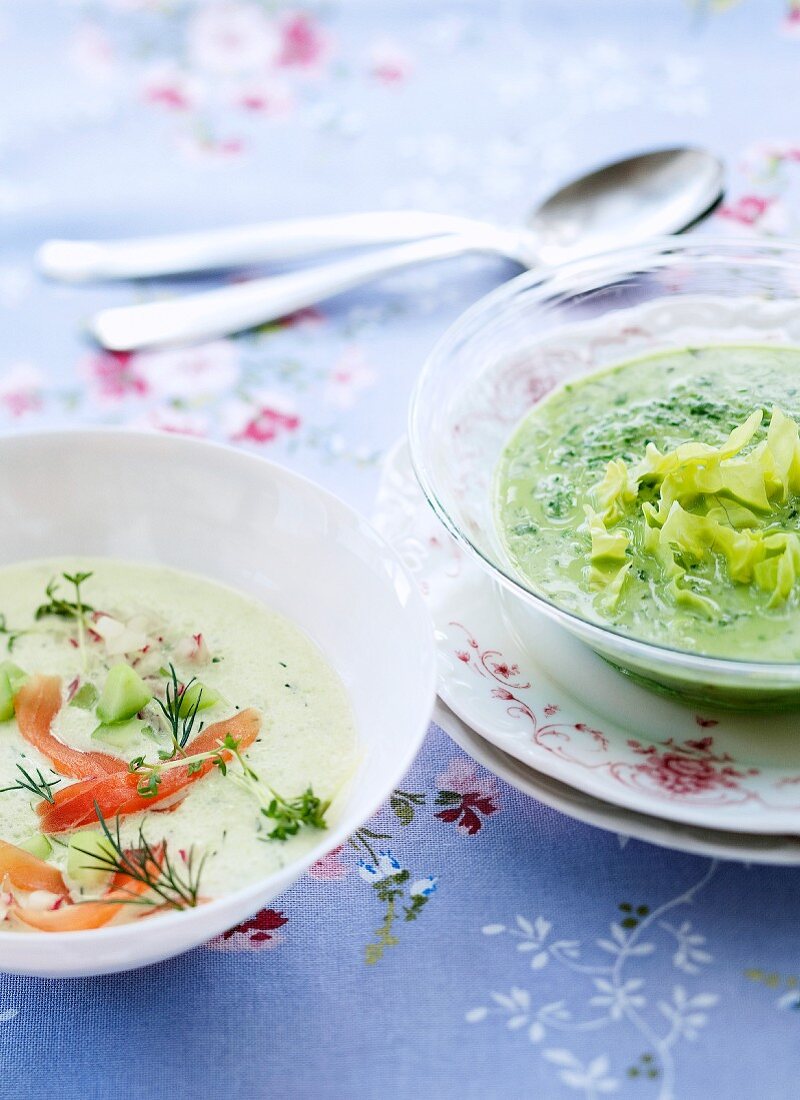 Cold cucumber soup with salmon and cold lettuce soup