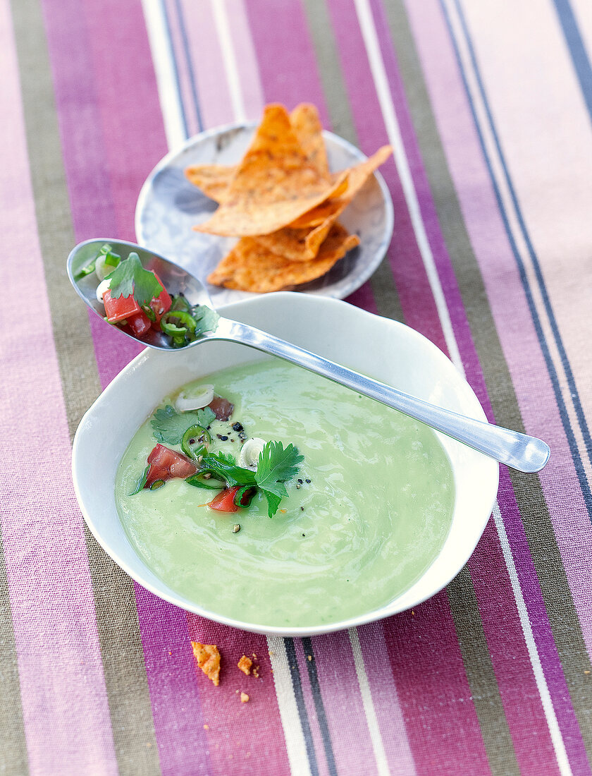 Suppen, Avocadocreme mit Salsa und Nacho-Chips