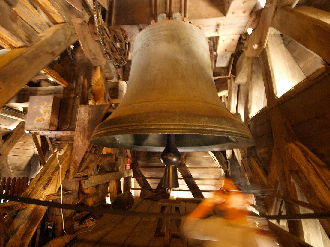 Close-up of bell at Notre Dame cathedral, blurred motion, Paris, France
