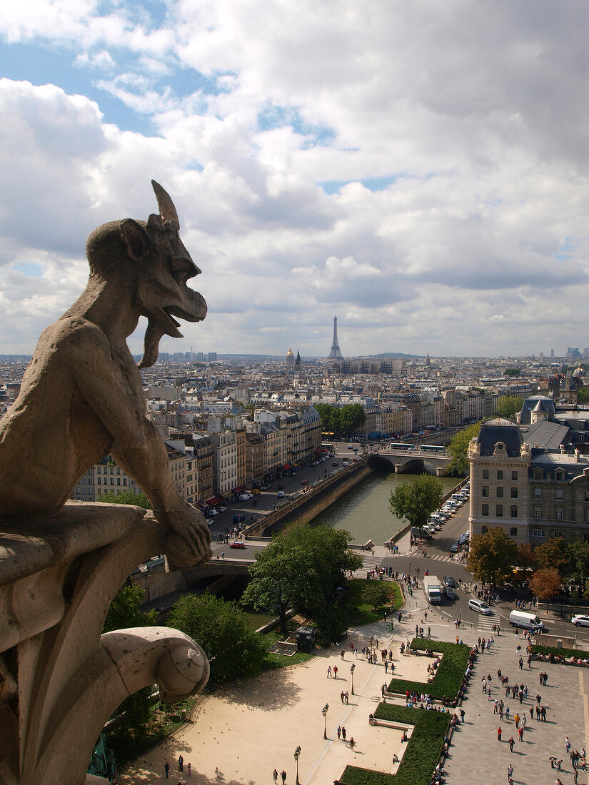 Mythical creatures of Notre-Dame against cityscape of Paris, France