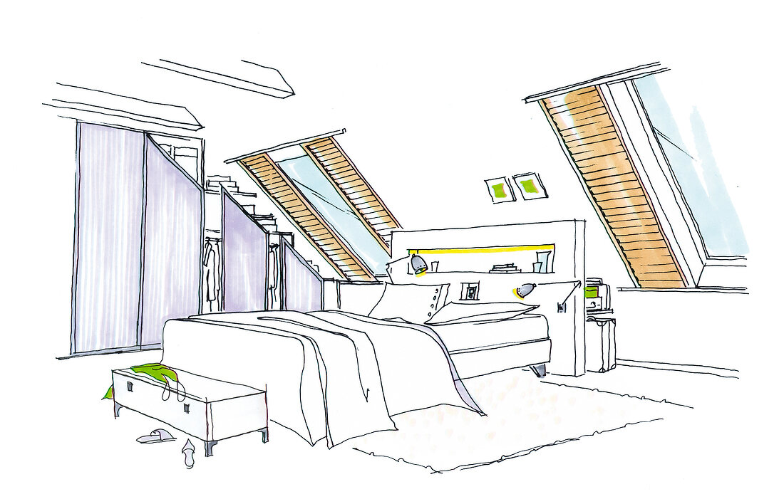 Zeichnung Schlafzimmer Dachgeschoss, Bett, Kleiderschrank