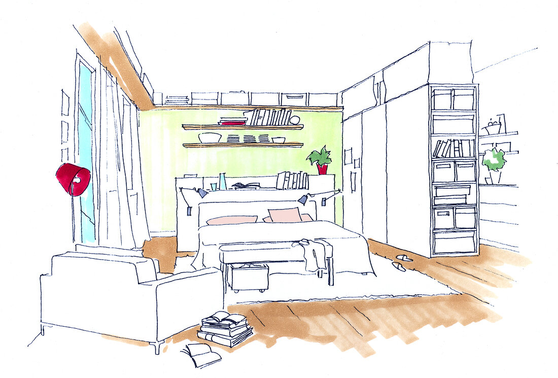 Zeichnung Schlafzimmer, Bett, Betthaupt, Sessel, Kleiderschrank