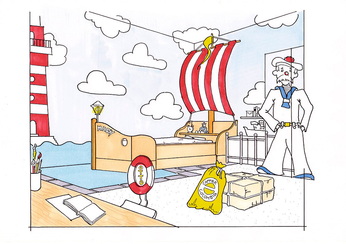 Illustration of sailboat bed and wooden figure sailor