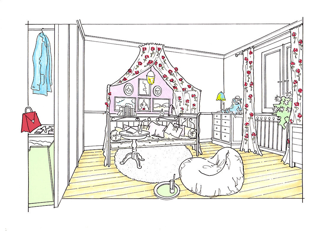Illustration of iron bed with roses, bean bag and room divider