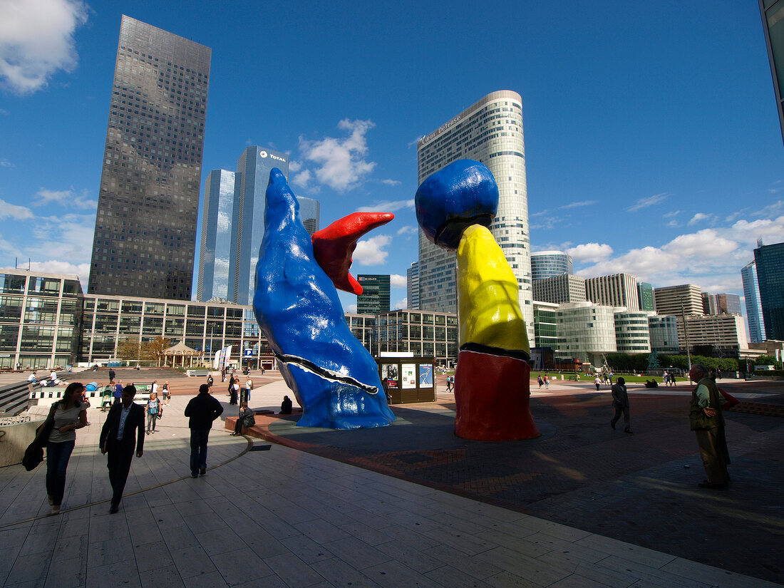 Sculptures at entrance of Les Quatre Temps in La Defense, Paris, France