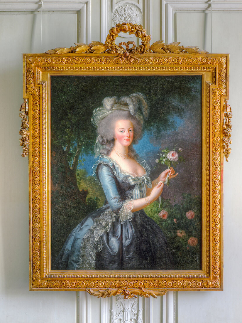 Close-up of picture frame with woman's painting in Versailles Palace