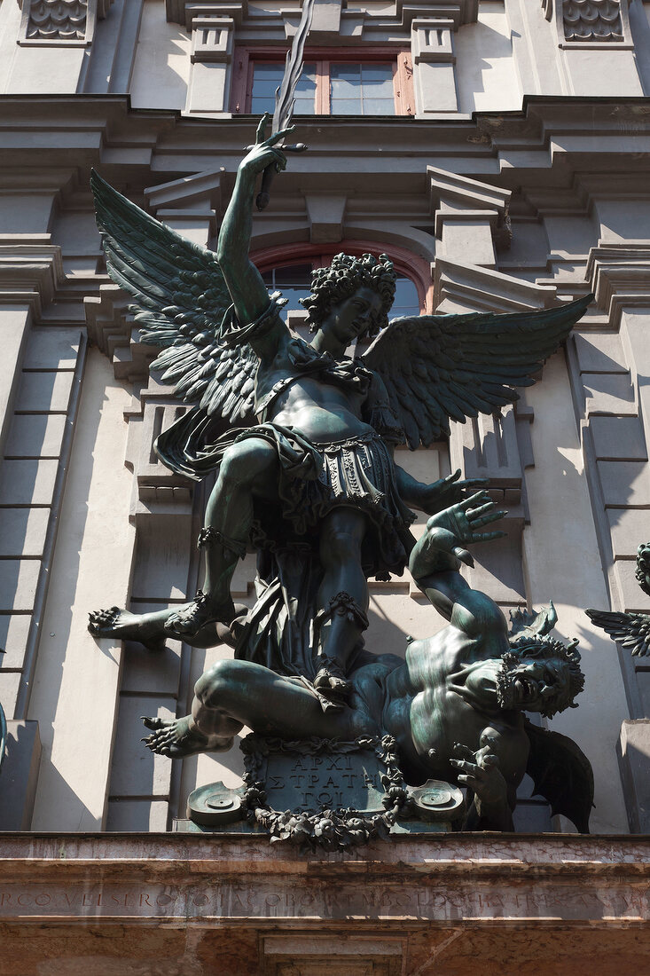 Sculpture of St. Michael groups on armory in Augsburg, Bavaria, Germany