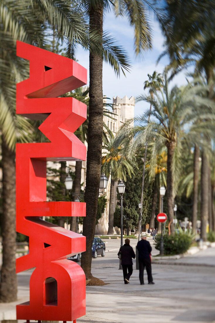 Red Palma lettering and people at Passeig des Born, Palma de Mallorca, Spain