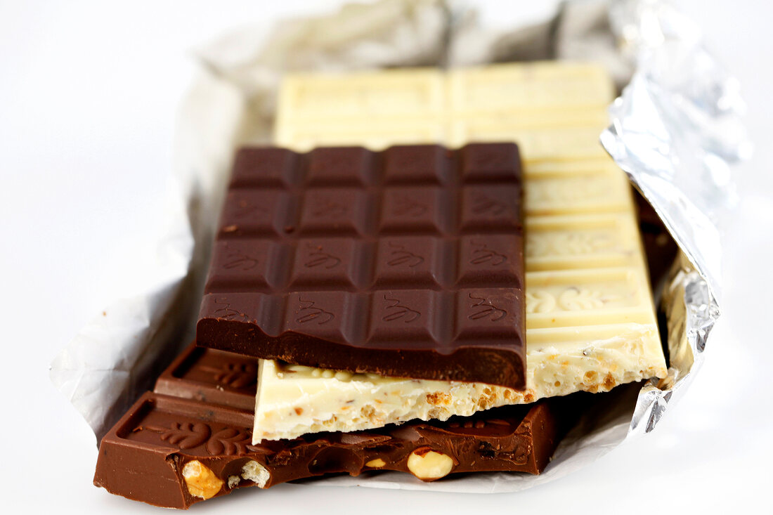 Close-up of stack of chocolate bars on silver foil