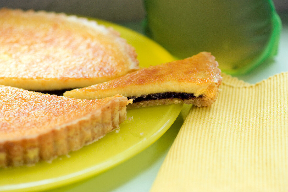 Close-up of prune tart on plate