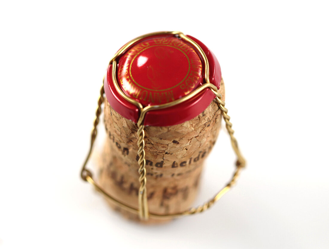 Close-up of champagne cork on white background