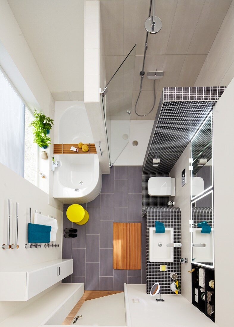 Top view of bathroom with bathtub and shower cubicle