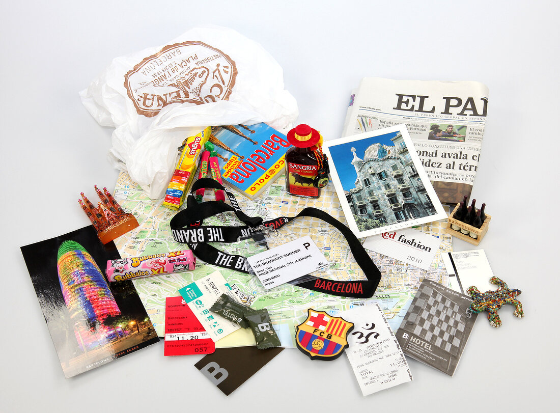 Souvenirs from Barcelona on white background