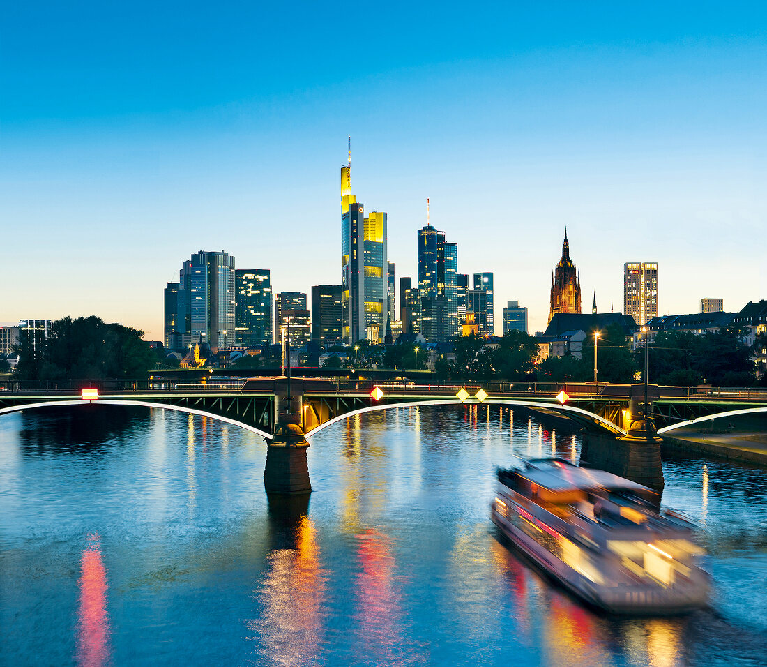 View of Ignatz Bubis bridge, Cathedral and Skyline in Frankfurt, Germany