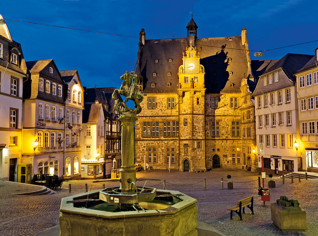 View of building exterior and market square at Marburg, Hesse, Germany