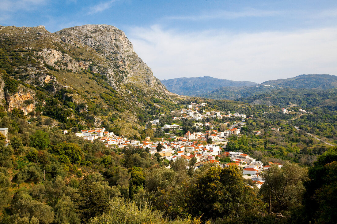 View of Spili mountain with village and houses, Crete, Greece