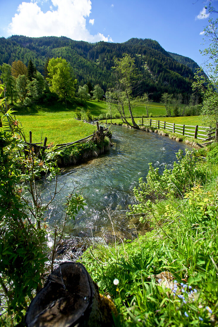 View of river and meadow in Lungau, Austria