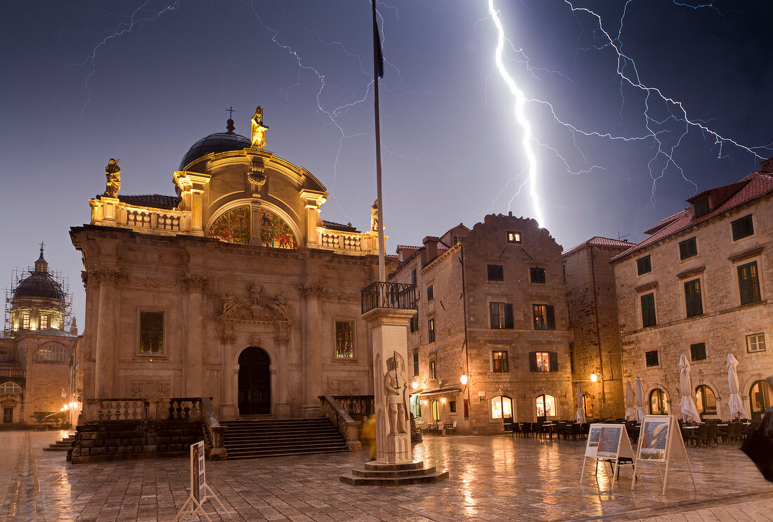 View of Church of St. Blaise in Luza Square with thundering sky, Dubrovnik, Croatia