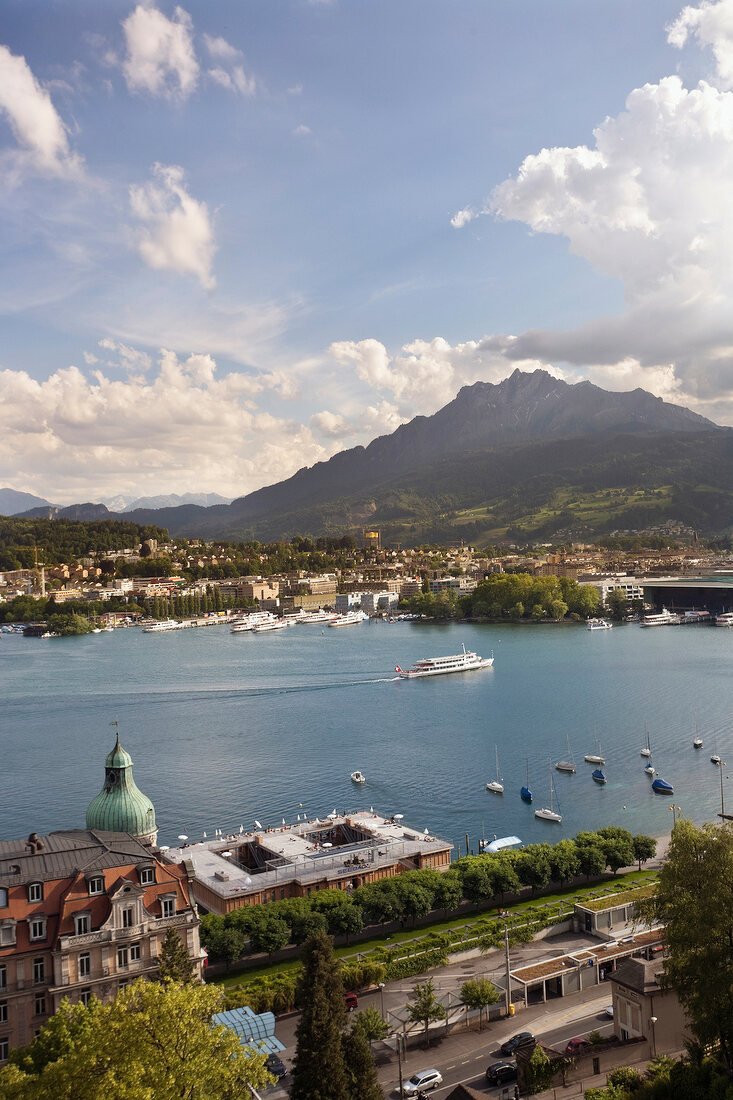 View of Art Deco Montana Hotel, Lake Lucerne, Alps, Lucerne, Switzerland