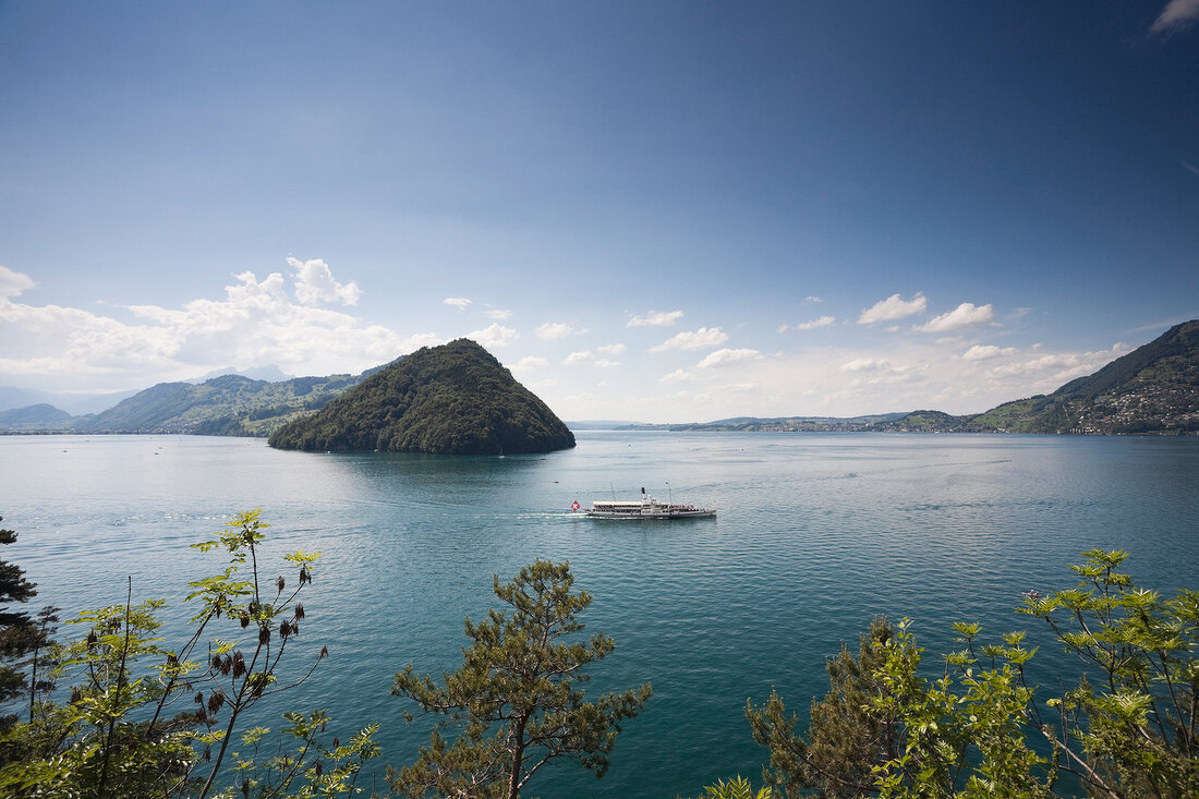 View of Burgenstock mountain and ship in Lake Lucerne, Lucerne, Switzerland