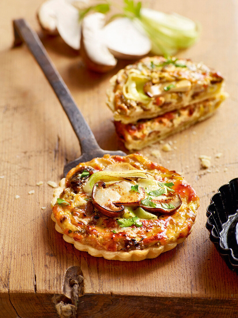 Close-up of porcini mushroom tart with leeks