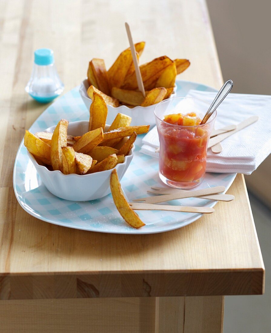 Homemade chips with tomato chutney