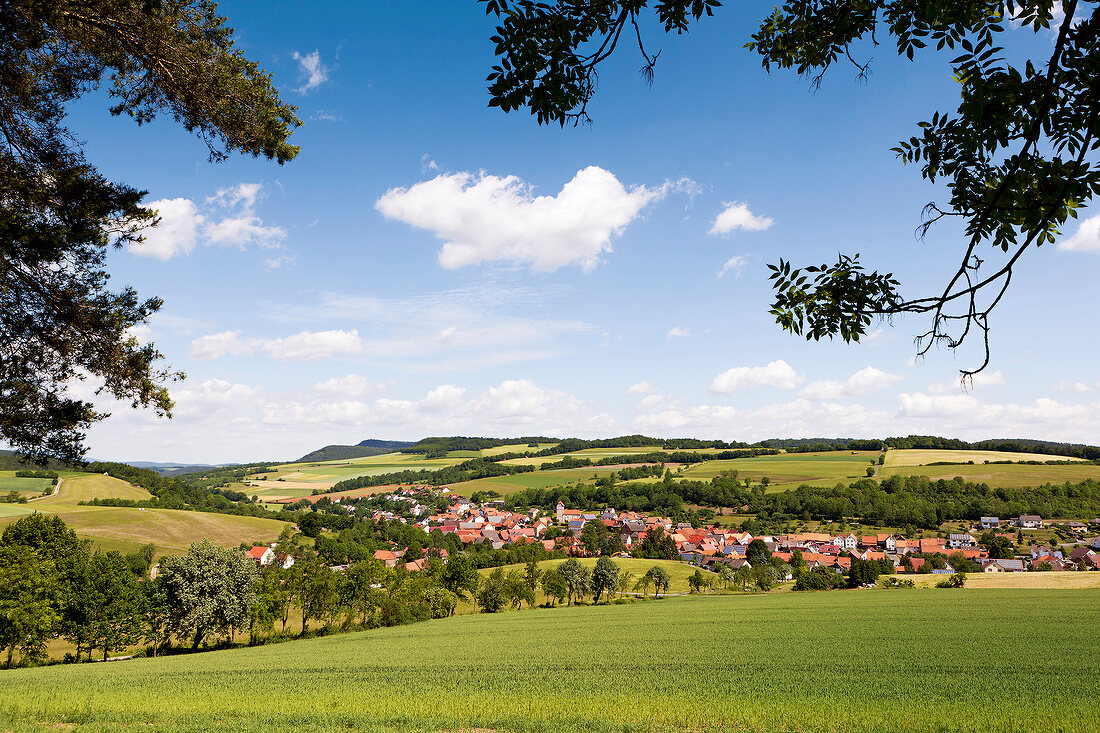 View of landscape and village, Olfen, Sontra, Hesse, Germany
