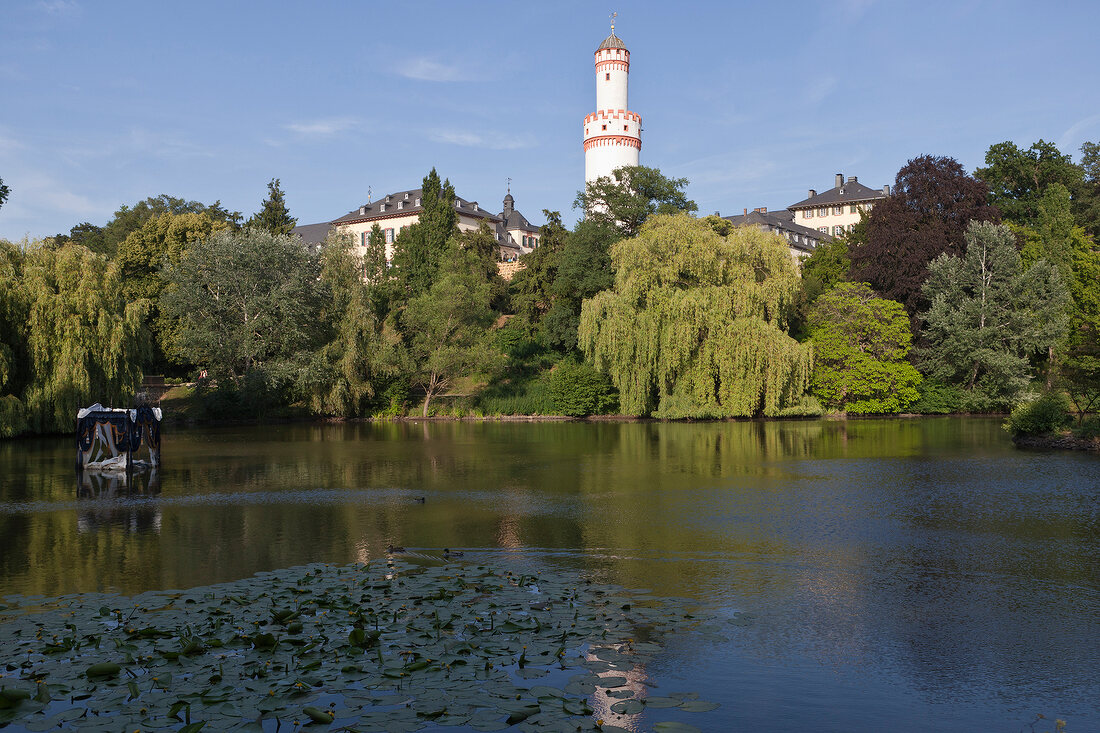 View of lake and white tower, Castle park, Bad Homburg, Germany