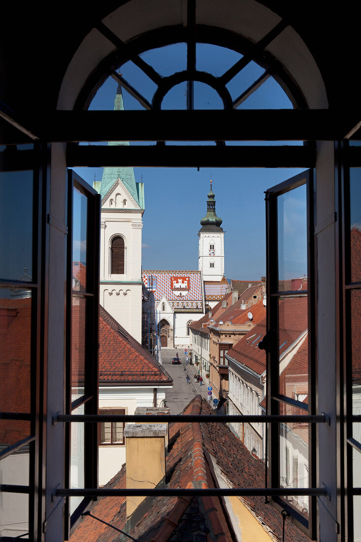 View of St. Mark's church from window in Zagreb, Croatia 