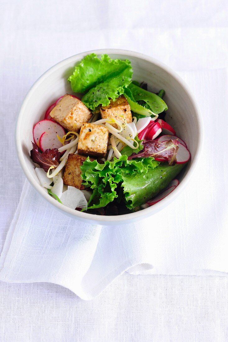 Summer salad with radishes and tofu croutons