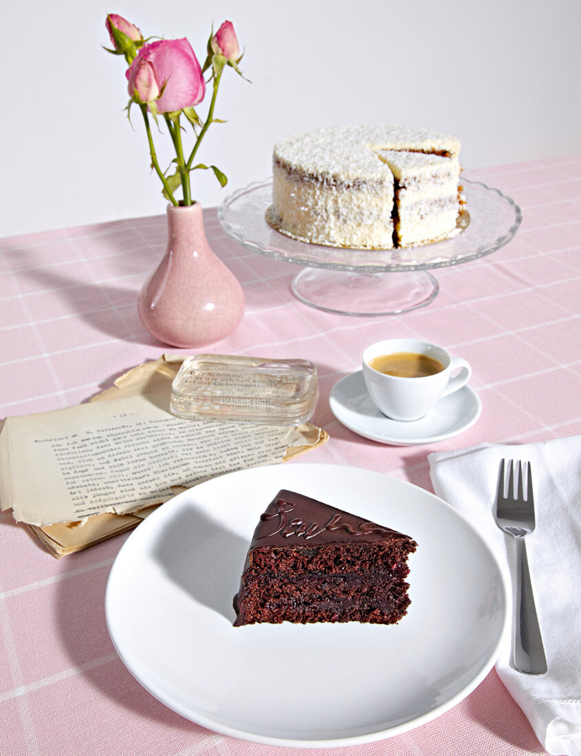 Stück, Sachertorte, Teller, Kaffee, Schokoladentorte