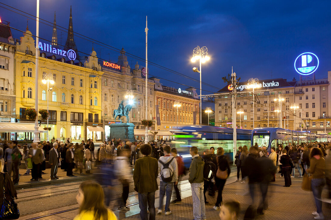 View of Ban Jelacic Square at dusk, Croatia